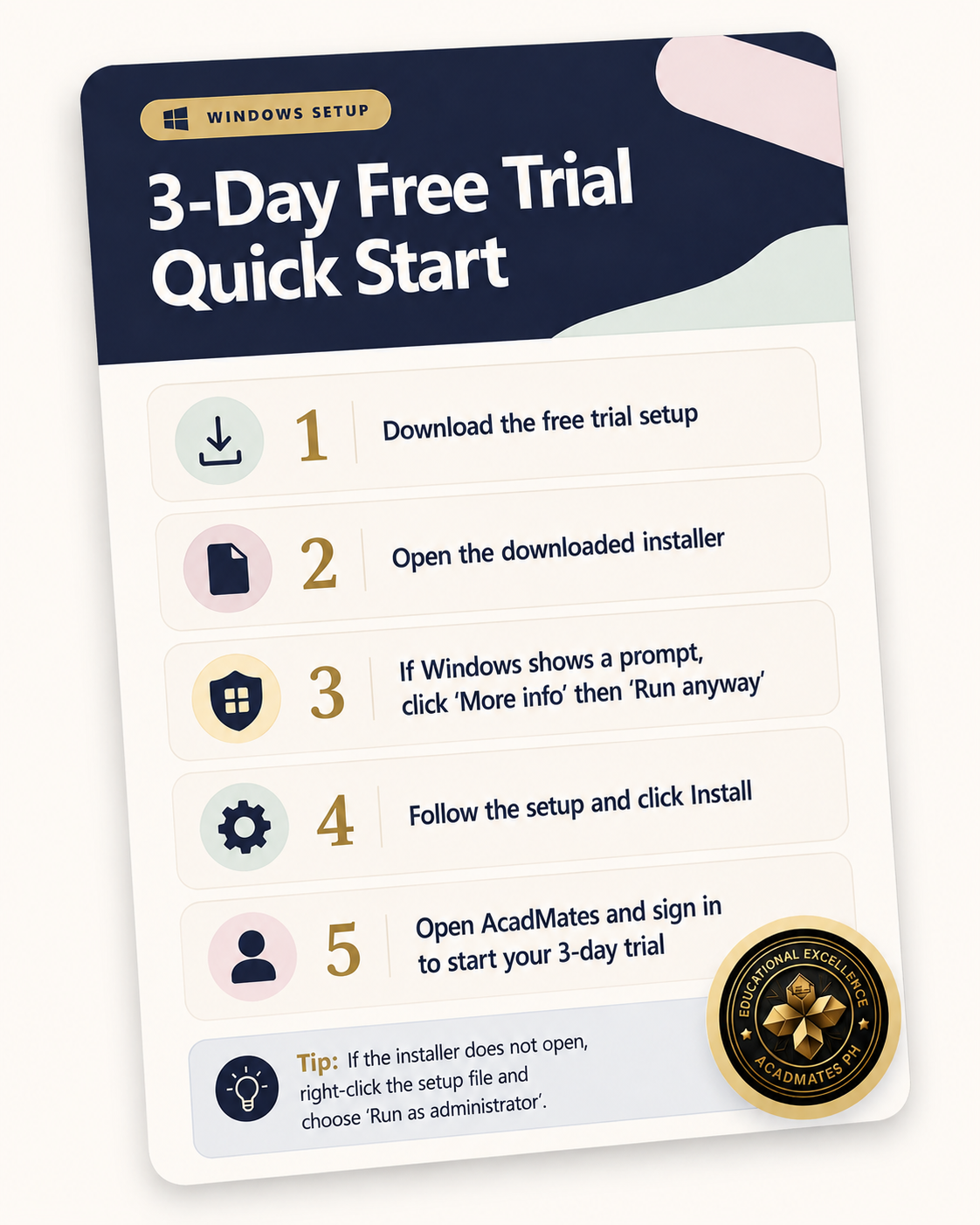 Quick setup guide showing the short steps to download, install, open, and allow the AcadMates free trial on Windows.