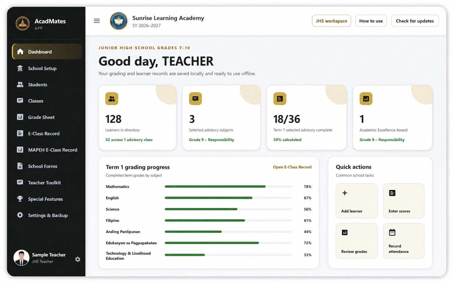 Illustration preview of the AcadMates dashboard with sample school and teacher information only